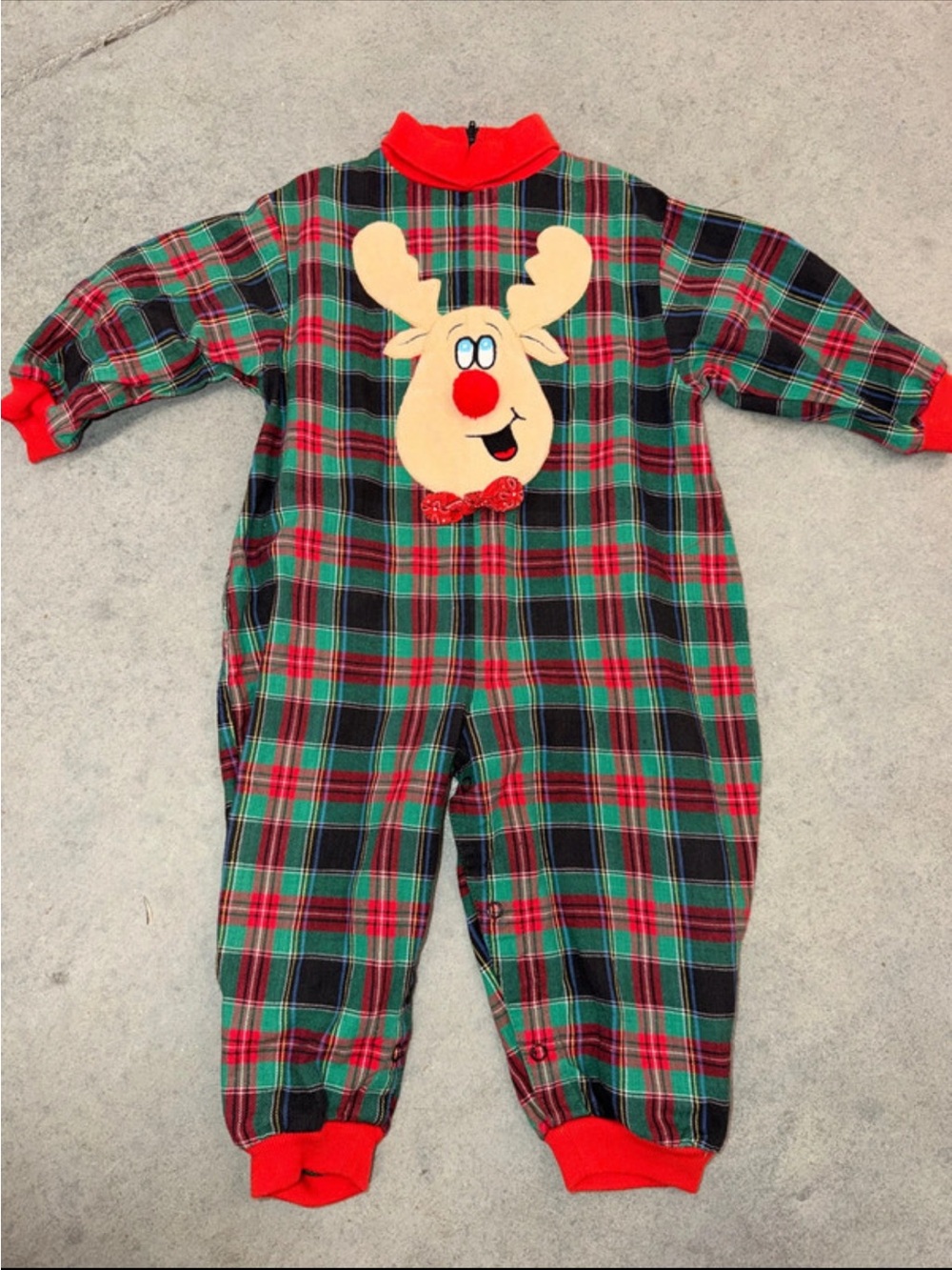 Vintage Kids Plaid Reindeer One-Piece Pajamas in Red & Green